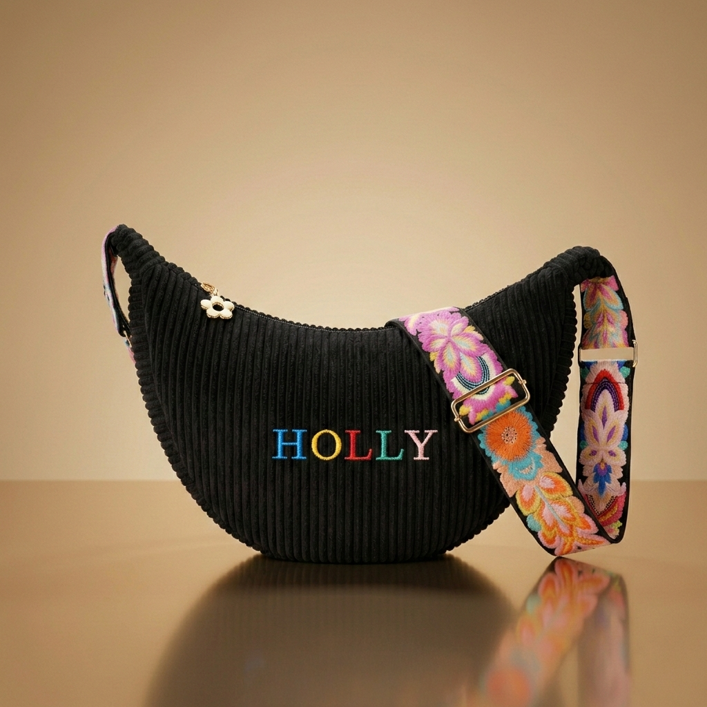 Personalisierbare Cord Halbmond Tasche schwarz | Handgefertigt in Deutschland