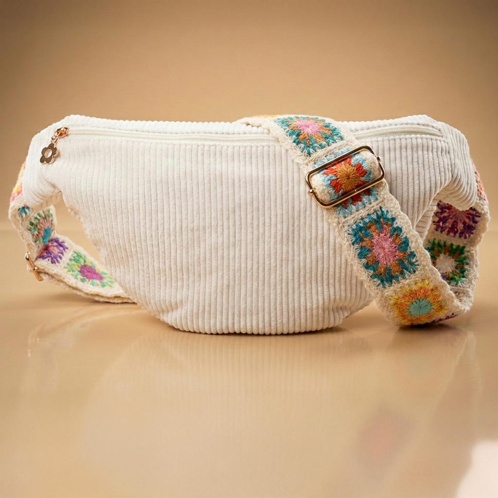 Personalisierbare Cord Halbmond Tasche weiß | Handgefertigt in Deutschland