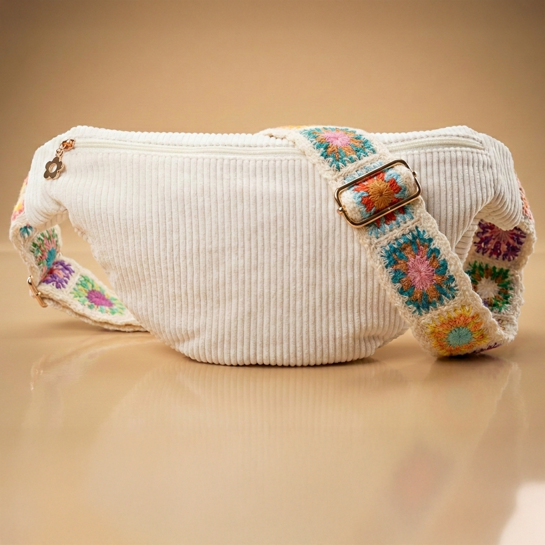 Personalisierbare Cord Halbmond Tasche weiß | Handgefertigt in Deutschland