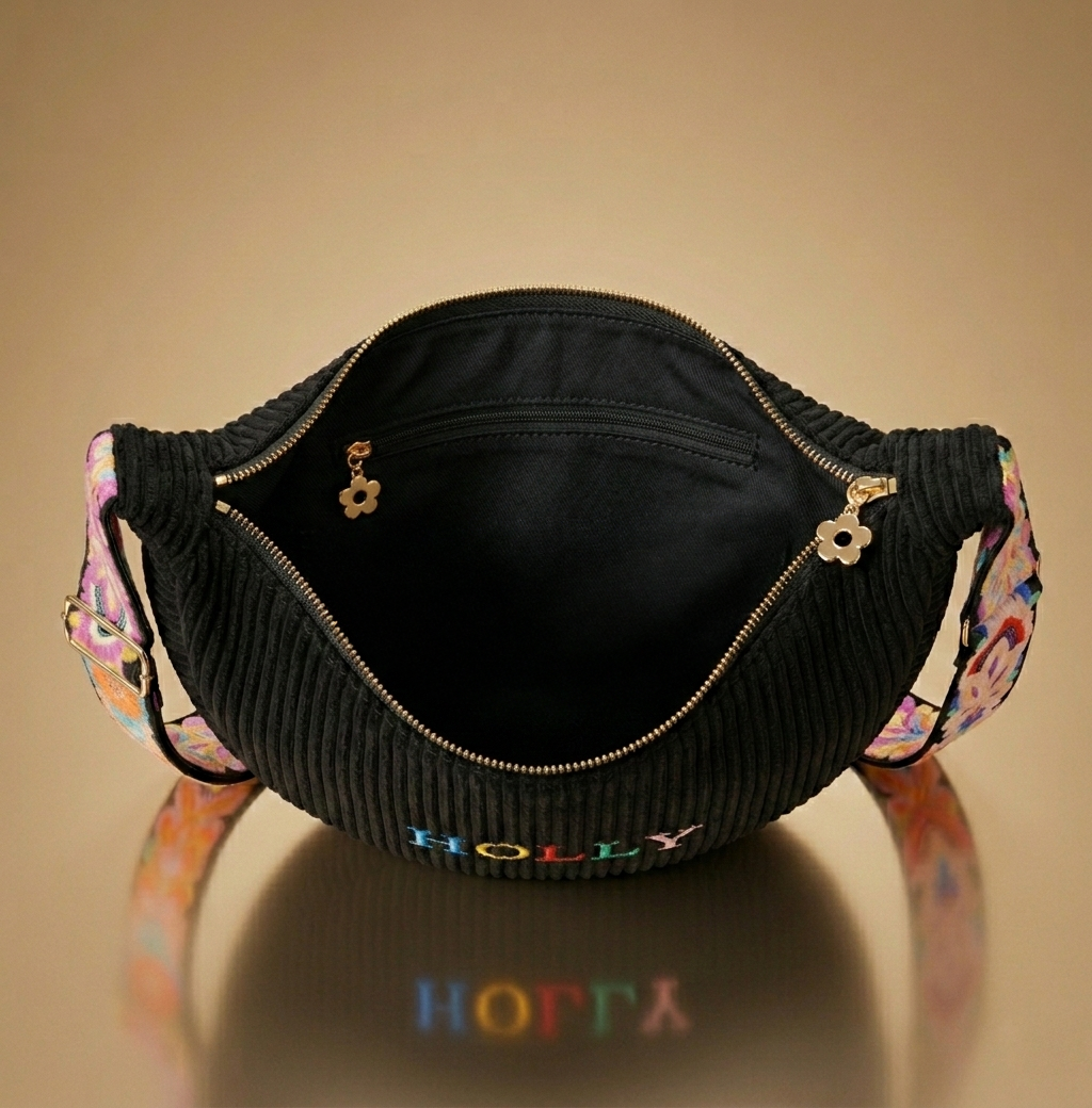 Personalisierbare Cord Halbmond Tasche schwarz | Handgefertigt in Deutschland