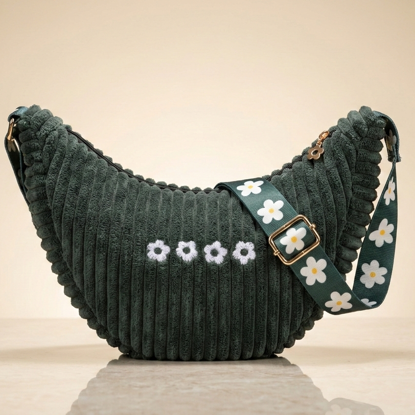 Personalisierbare Cord Halbmond Tasche Grün | Handgefertigt in Deutschland